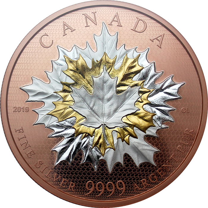 Stříbrná pozlacená mince 5 Oz Maple Leaves in Motion 2019 Proof