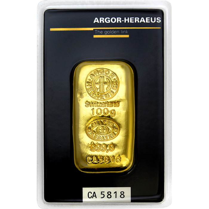 100g Argor Heraeus SA Švajčiarsko Investičná zlatá tehlička Liata