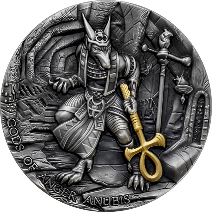 Přední strana Strieborná pozlátená minca Bohovia hnevu - Anubis 2 Oz High Relief 2019 Antique Štandard