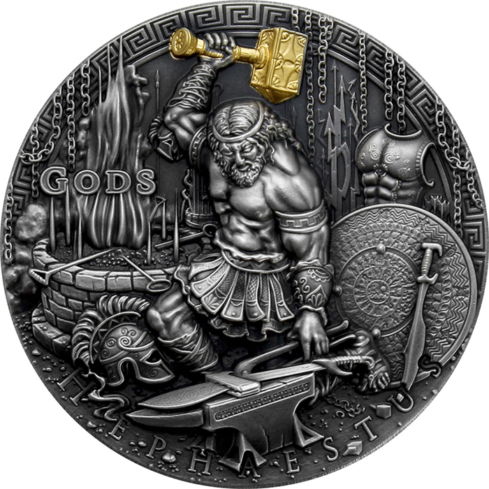 Přední strana Stříbrná mince Bohové - Héfaistos 2 Oz High Relief 2019 Antique Standard