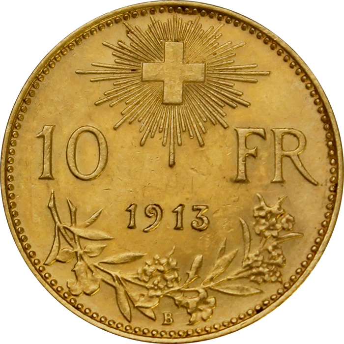 Přední strana Zlatá minca 10 Frank Helvetia 1913