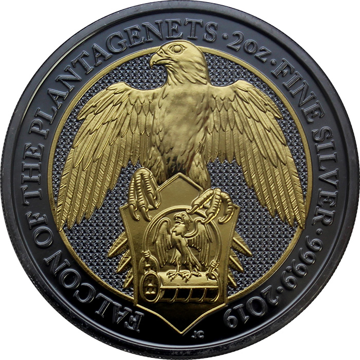 Přední strana Stříbrná Ruthenium mince pozlacený Queen's Beasts Falcon 2 Oz Golden Enigma 2019 Proof