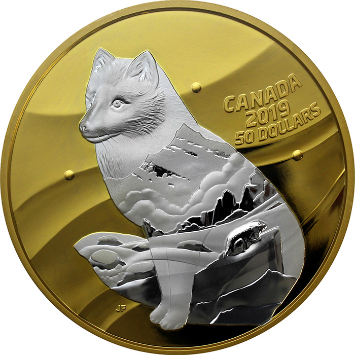 Přední strana Stříbrná pozlacená mince Inner Nature: Liška polární 5 Oz 2019 Proof