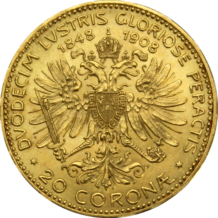 Zlatá mince Dvacetikoruna 60. výročí vlády Františka Josefa I. Rakouská ražba 1908