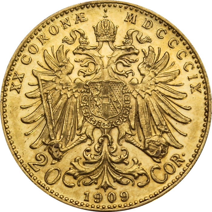 Zlatá mince Dvacetikoruna Františka Josefa I. Rakouská ražba 1909