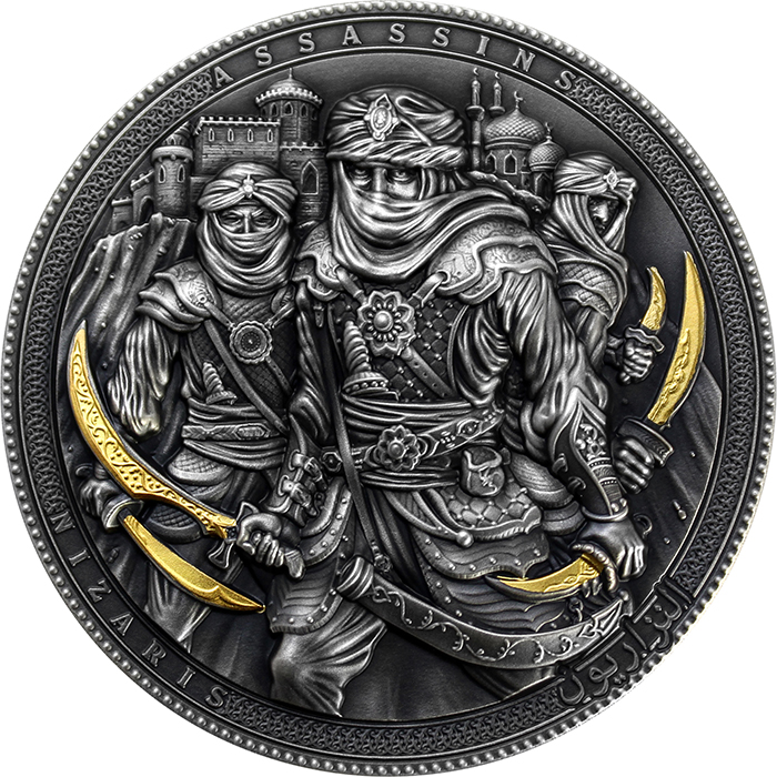 Stříbrná pozlacená mince Assassins - Nizaris 2 Oz High Relief 2019 Antique Standard