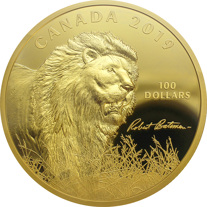 Stříbrná pozlacená mince 10 Oz Into the Light - Lion od Roberta Batemana 2019 Proof