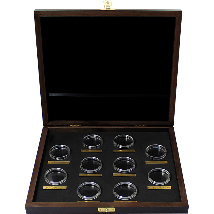 Dřevěná krabička pro 10 x 2 Oz Ag mince série The Queen's Beasts tmavá