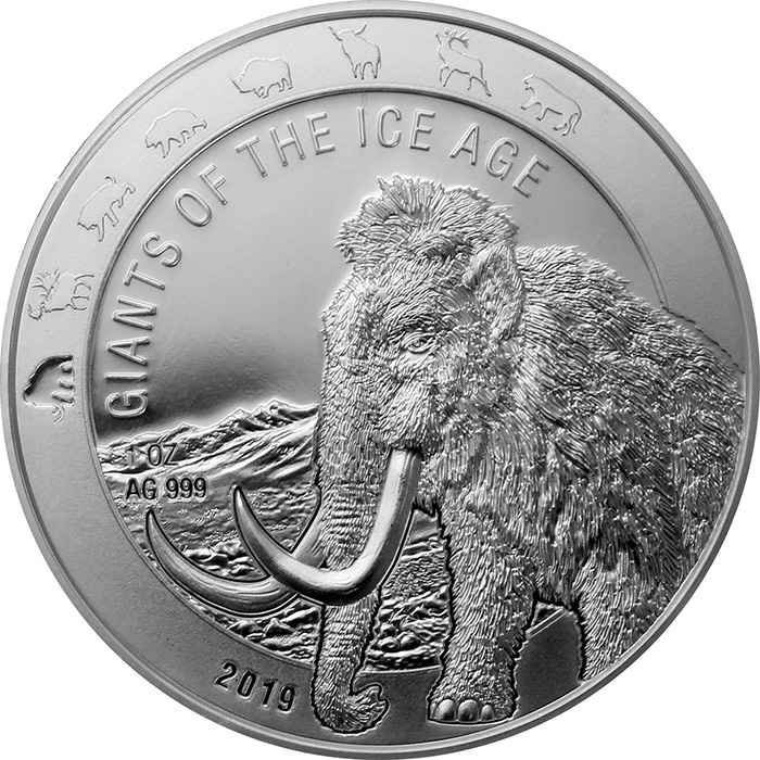 Stříbrná investiční mince Obři doby ledové - Mamut srstnatý 1 Oz 2019