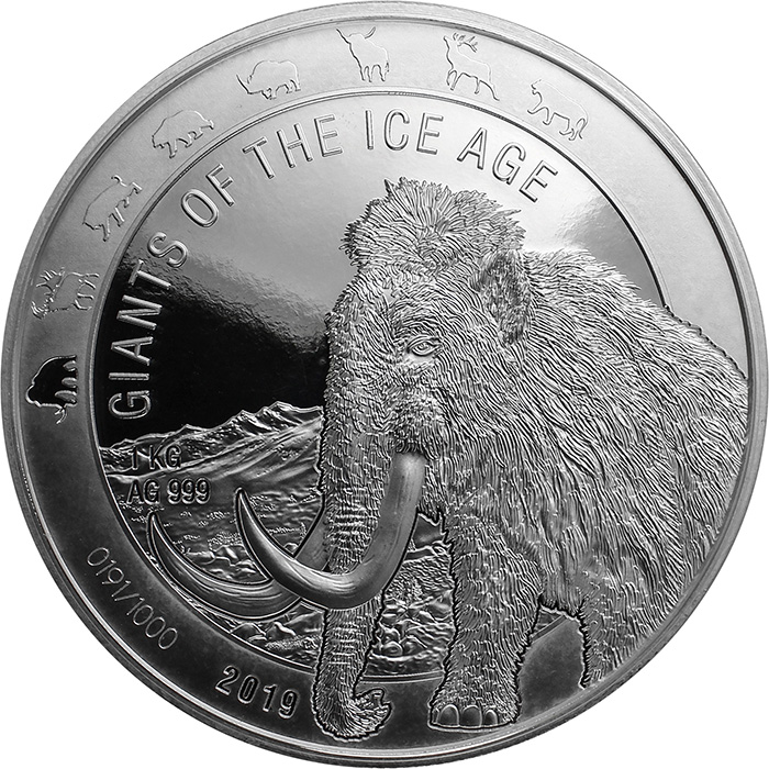 Stříbrná investiční mince 1 Kg Obři doby ledové - Mamut srstnatý 2019