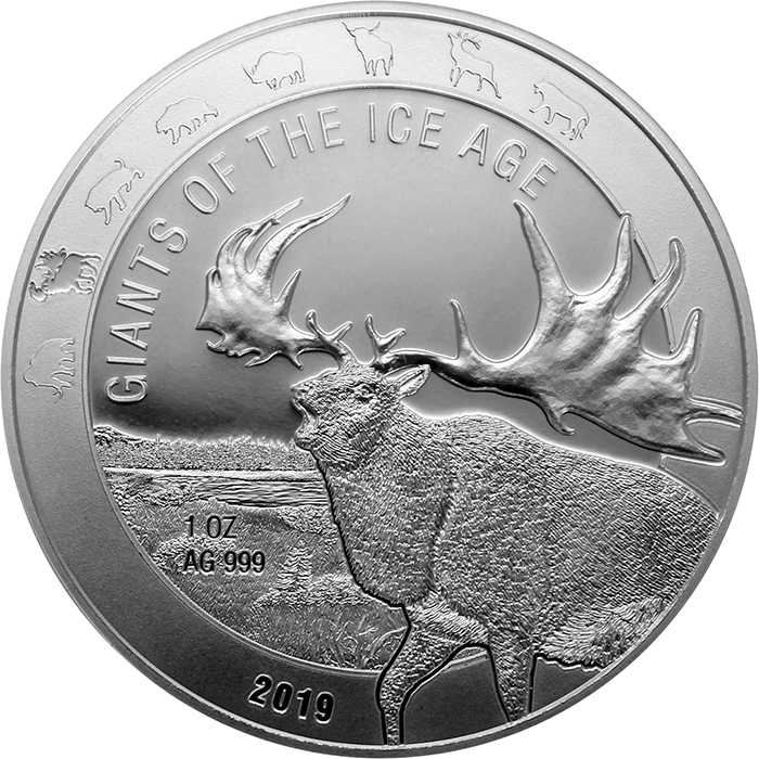 Strieborná investičná minca Obri doby ľadovej - Jeleň obrovský 1 Oz 2019