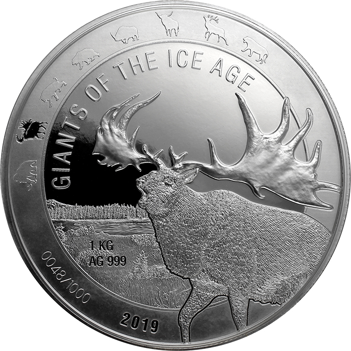 Stříbrná investiční mince 1 Kg Obři doby ledové - Jelen obrovský 2019
