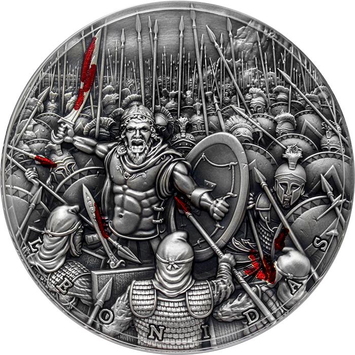 Stříbrná mince Velcí vojevůdci - Leonidas 2 Oz High Relief 2019 Antique Standard