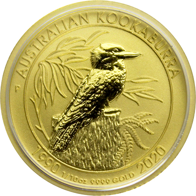 Zlatá investiční mince Kookaburra Ledňaček 1/10 Oz 30. výročí 2020