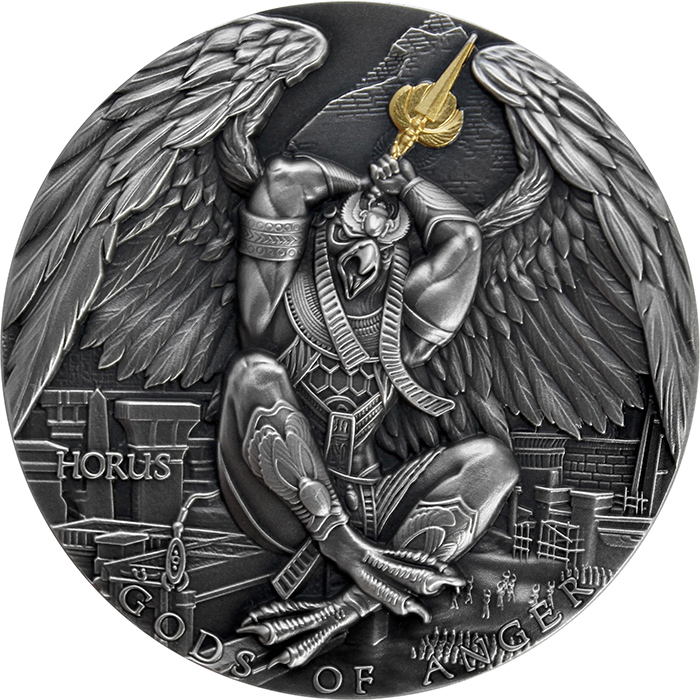 Přední strana Stříbrná pozlacená mince Bohové hněvu - Horus 2 Oz High Relief 2020 Antique Standard