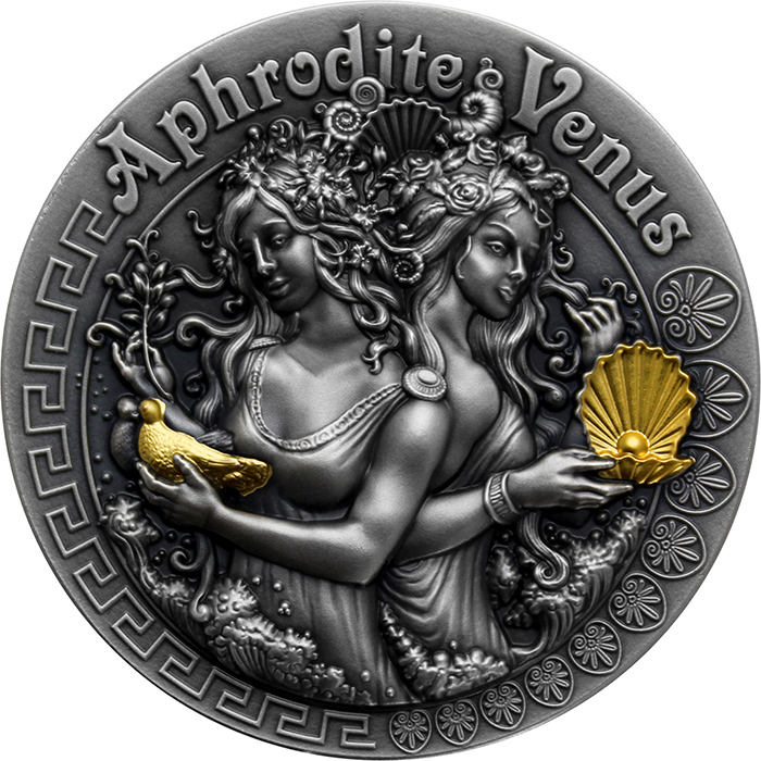 Stříbrná pozlacená mince Bohyně: Afrodita a Venuše 2 Oz High Relief 2020 Antique Standard