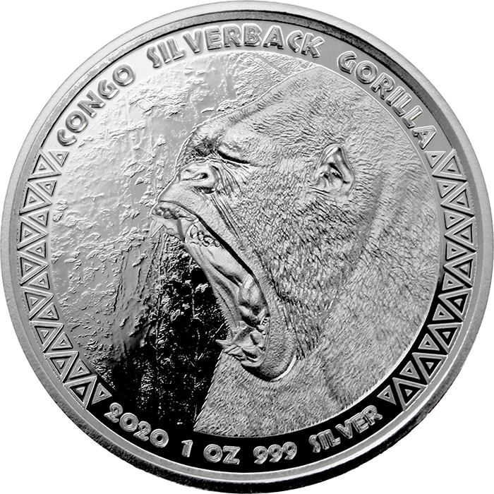 Přední strana Stříbrná investiční mince Kongo Gorila 1 Oz 2020