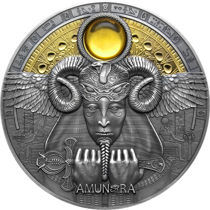 Přední strana Stříbrná pozlacená mince Božské tváře Slunce - Amon-Re 3 Oz 2020 Antique Standard