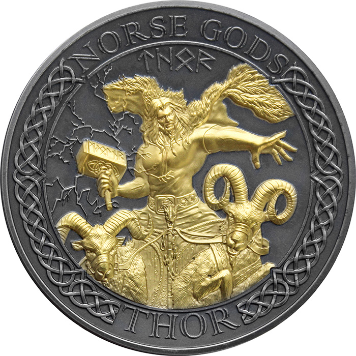 Stříbrná pozlacená mince Severští bohové - Thor 2 Oz High Relief 2020 Antique Standard