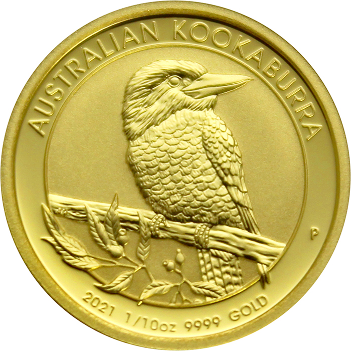 Zlatá investiční mince Kookaburra Ledňaček 1/10 Oz 2021