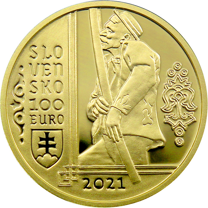 Přední strana Zlatá minca Nehmotné kultúrne dedičstvo SR - Fujara, hudobný nástroj a jeho hudba 2021 Proof