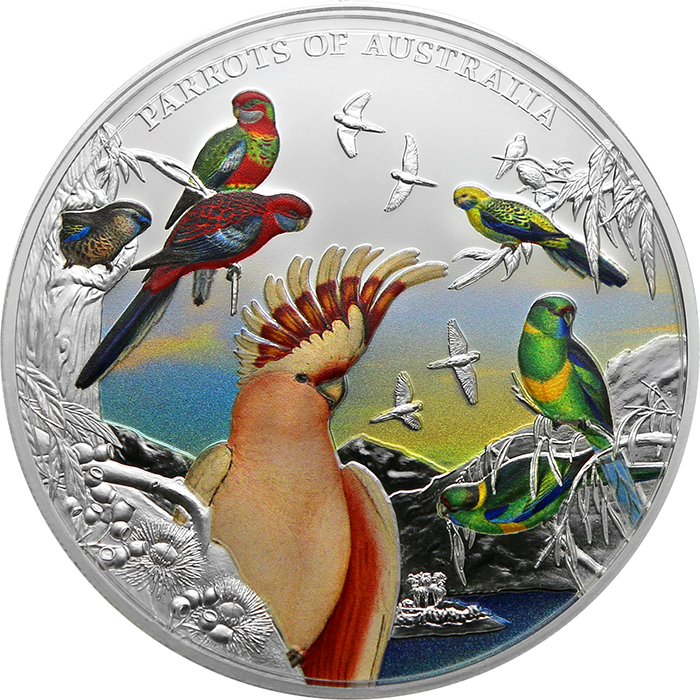Strieborná kolorovaná minca 5 Oz Papagáje Austrálie 2021 Proof