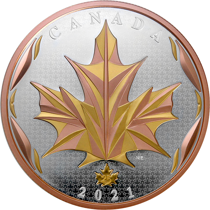 Přední strana Stříbrná pozlacená mince 5 Oz Maple Leaf 2021 Proof