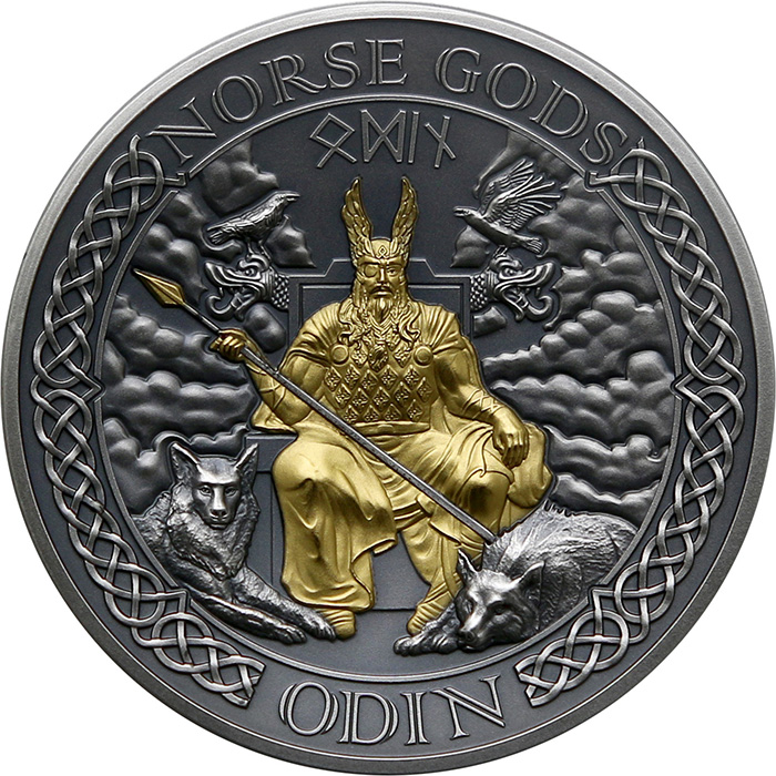 Strieborná pozlátená minca Severskí bohovia - Odin 2 Oz High Relief 2020 Antique Štandard