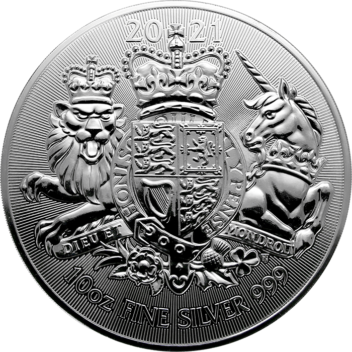 Přední strana Stříbrná investiční mince Royal Arms 10 Oz 2021
