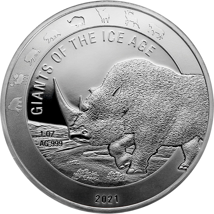 Strieborná investičná minca Obri doby ľadovej - Nosorožec srstnatý 1 Oz 2021