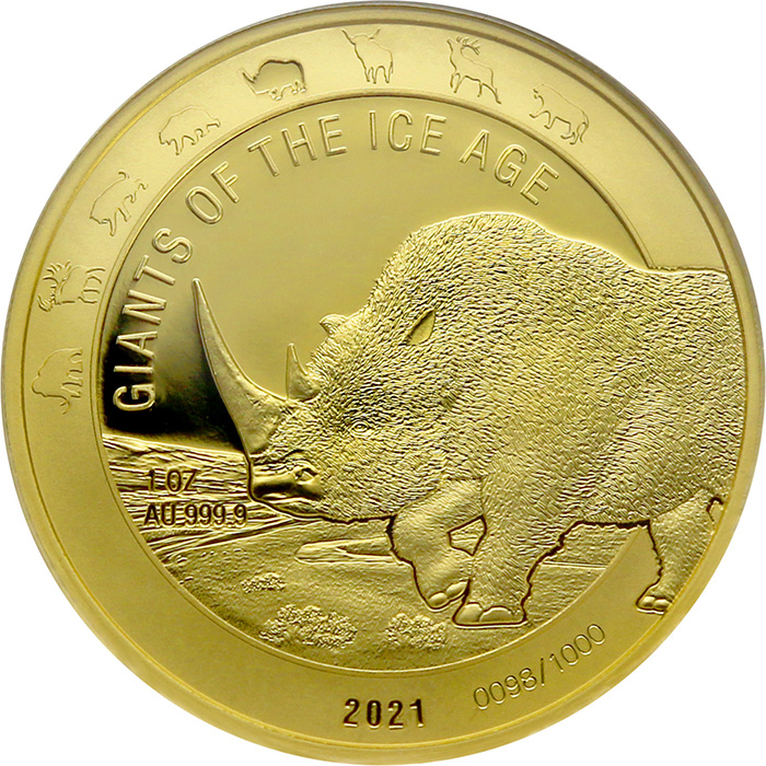 Zlatá investiční mince Obři doby ledové - Nosorožec srstnatý 1 Oz 2021
