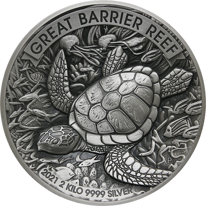 Strieborná minca 2 Kg Veľký bariérový útes High Relief 2021 Antique Standard