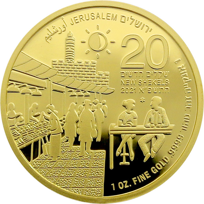 Trh Machane Jehuda jedenásta zlatá investičná minca Izraela 1 Oz 2021