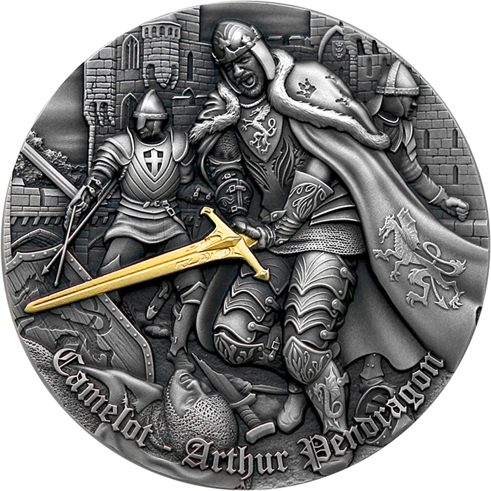 Stříbrná mince série Camelot - Král Artuš 2 Oz Ultra high relief 2021 Antique Standard