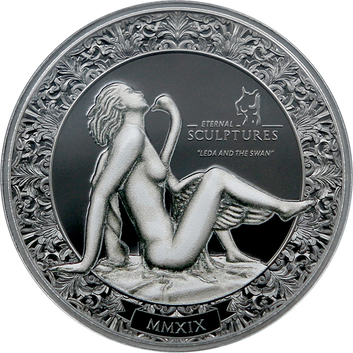 Stříbrná mince 2 Oz Věčné sochy - Leda a labuť Ultra high relief 2019 Proof