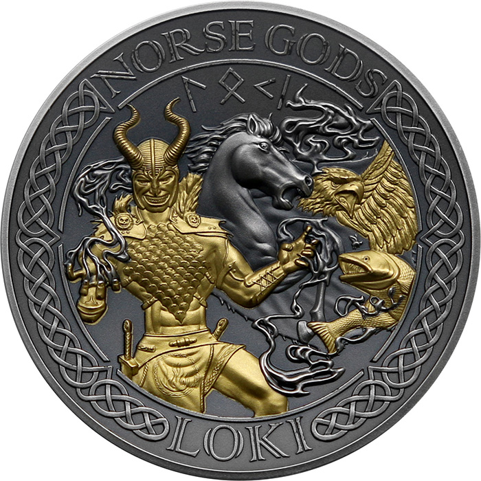 Strieborná pozlátená minca Severskí bohovia - Loki 2 Oz High Relief 2022 Antique Standard