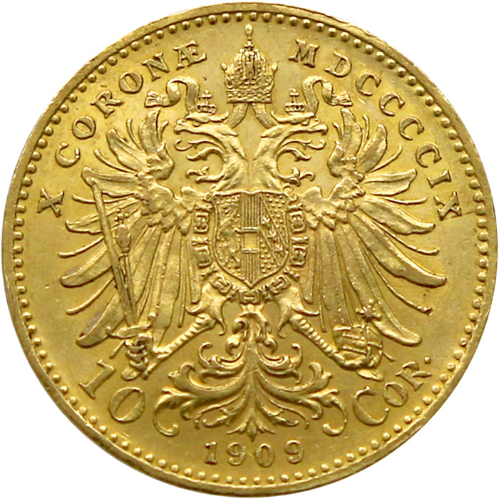 Zlatá mince Desetikoruna Františka Josefa I. Rakouská ražba 1909 Schwartz (velká hlava)
