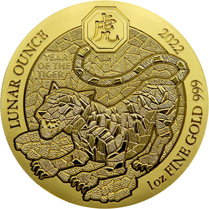 Přední strana Zlatá minca Rok Tigra Rwanda 1 Oz 2022