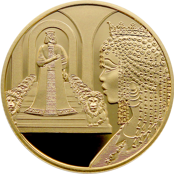 Zlatá mince Král Šalamoun a královna ze Sáby 10 NIS Izrael Biblické umění 2021 Proof