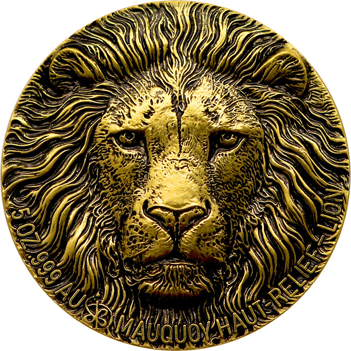 Přední strana Zlatá minca 5 Oz Lev The African Big Five High Relief 2016 Antique Štandard