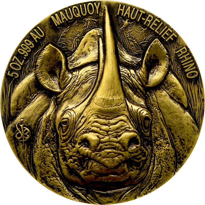 Přední strana Zlatá mince 5 Oz Nosorožec The African Big Five High Relief 2019 Antique Standard