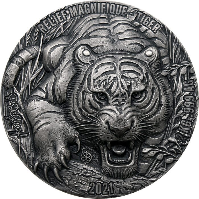 Stříbrná mince 2 Kg Tygr High Relief 2021 Antique Standard