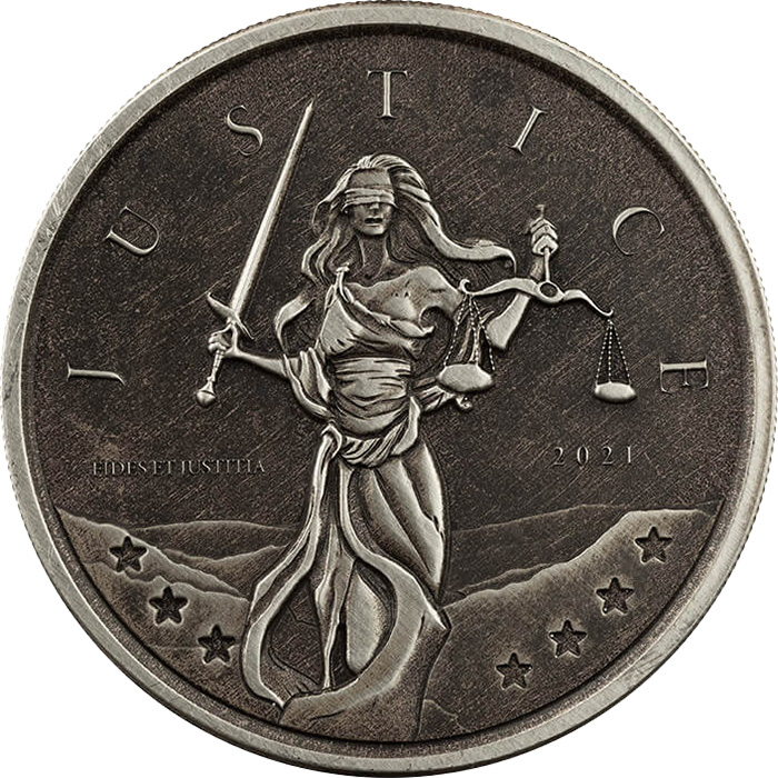 Přední strana Strieborná investičná minca Gibraltár Lady Justice Antique 1 Oz 2021
