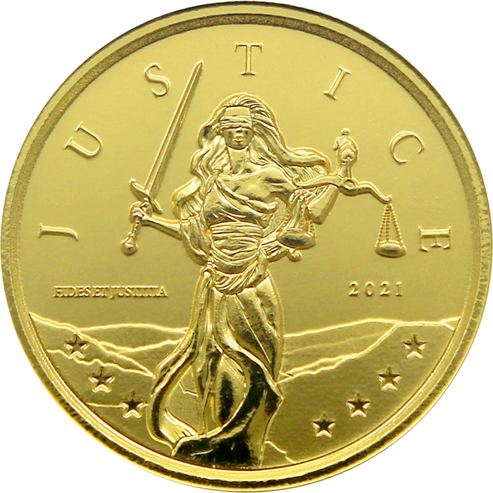 Přední strana Zlatá investiční mince Gibraltar Lady Justice 1 Oz 2021