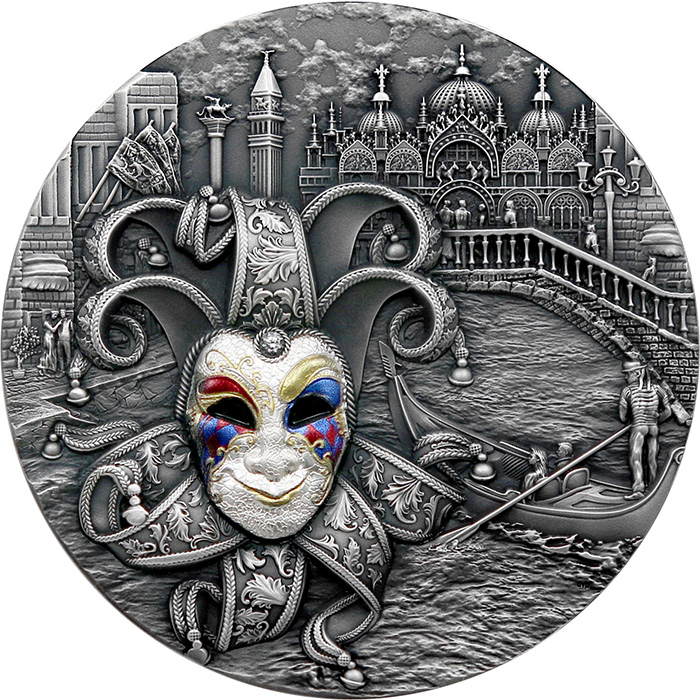 Přední strana Stříbrná mince Benátská maska 2 Oz 2022 Antique Standard