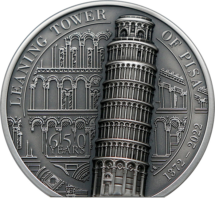 Přední strana Strieborná minca 2 Oz Šikmá veža v Pise Ultra High Relief 2022 Antique Standard