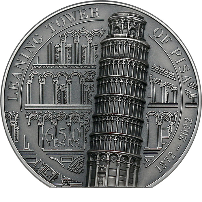 Přední strana Stříbrná mince 5 Oz Šikmá věž v Pise Ultra High Relief 2022 Antique Standard