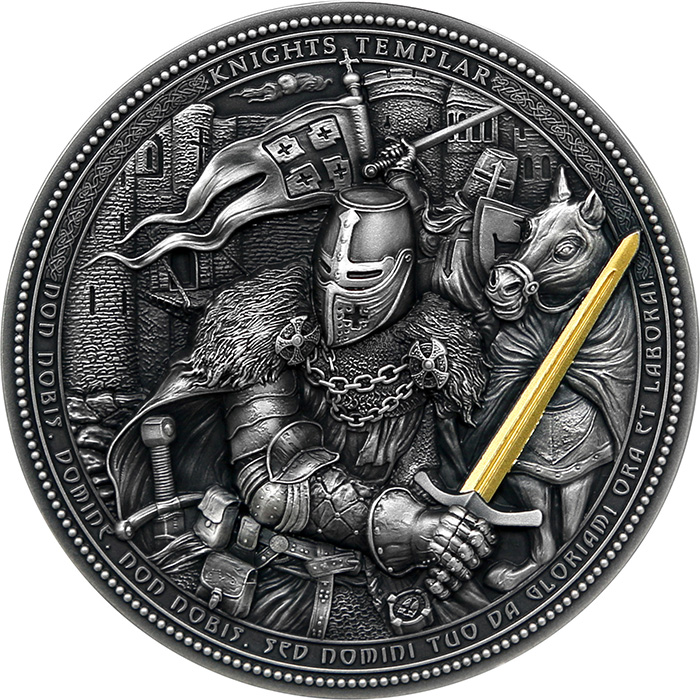 Stříbrná pozlacená mince Assassins - Knights Templar 2 Oz High Relief 2021 Antique Standard