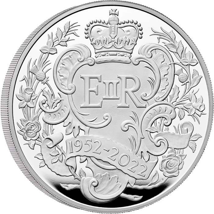 Přední strana Stříbrná mince 5 Oz Platinové výročí vlády Královny Alžběty II. 2022 Proof
