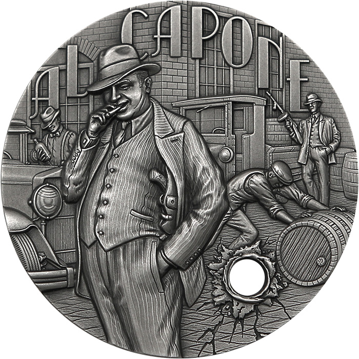 Přední strana Ezüst érme Gengszterek - Al Capone 2 Oz 2021 Antique Standard